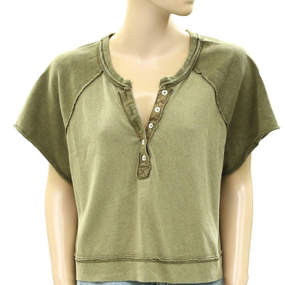 Free People We The Free Eyes Closed Henley Cropped Top Cotton Slouchy M - Picture 5 of 8